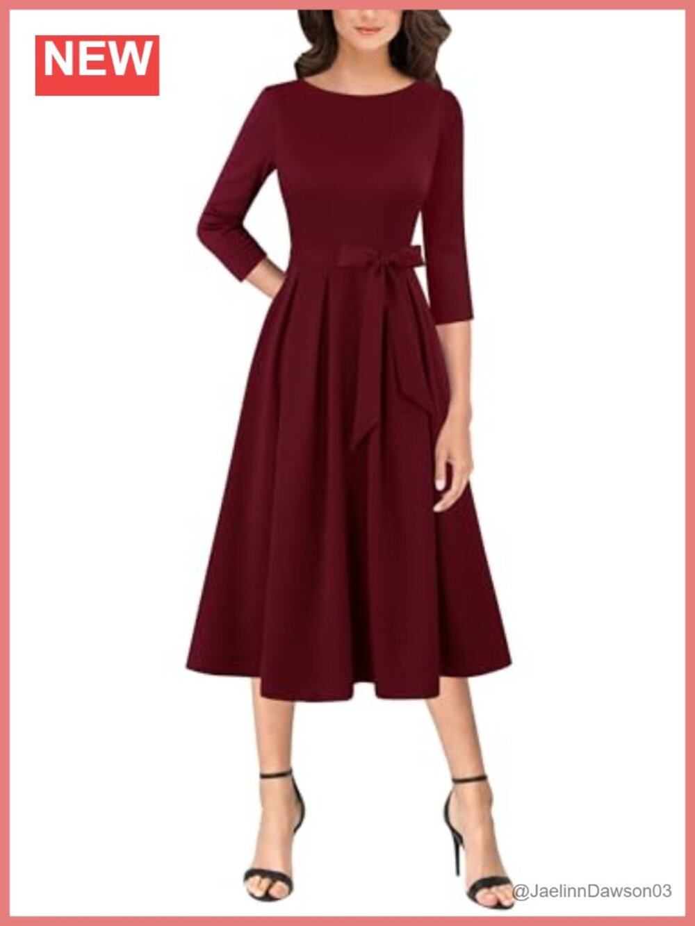 Womens Work Business Casual Belted A-Line Midi Dress Pockets 3/4 Sleeve